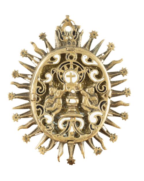 Firmeza barroca de bronce dorado y esmalte, con un vitral y