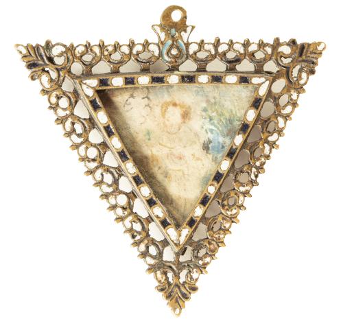 Firmeza de bronce y esmalte, con Santo pintado en vitral e 