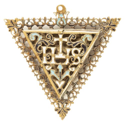 Firmeza de bronce y esmalte, con Santo pintado en vitral e 