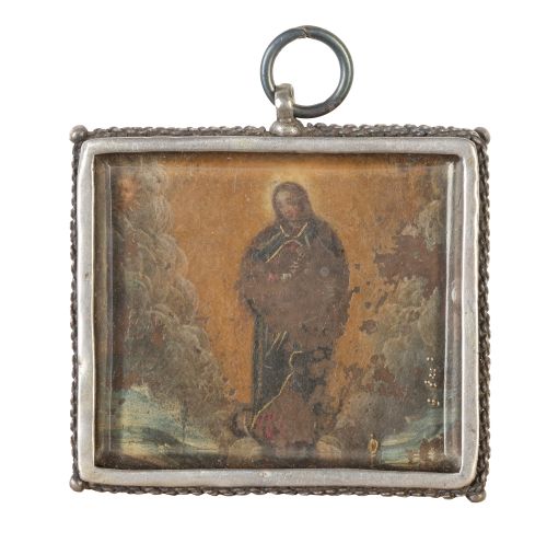 Inmaculada.Medalla devocional con pintura sobre cobre y m
