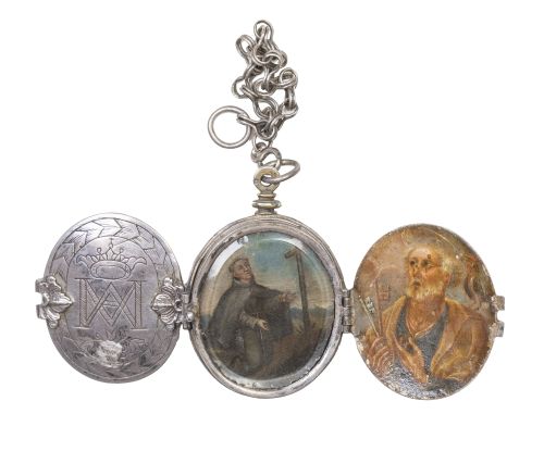 Relicario triple de viaje de dos vitrales con San Francisco