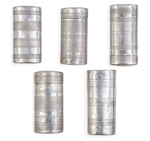 Lote de cinco pureras de plata. Con marcas.F. Martos, Mar