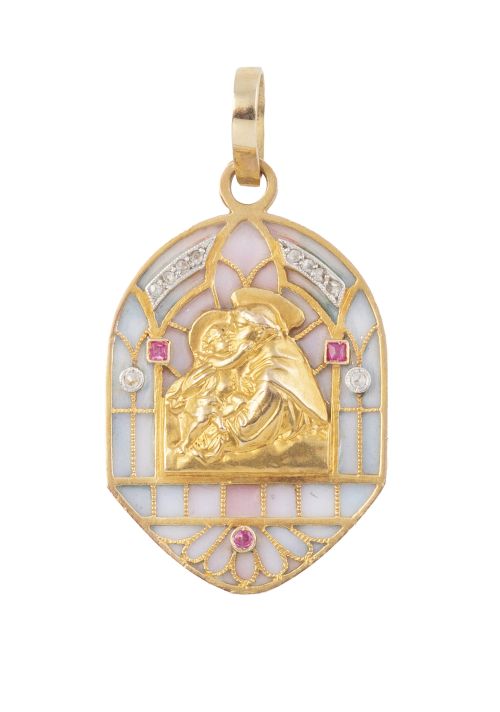 Medalla colgante Art-Nouveau con San Antonio y Niño Jesus, 