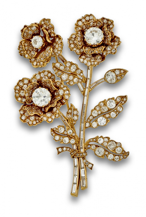Elegante broche de brillantes con diseño floral en oro de 1