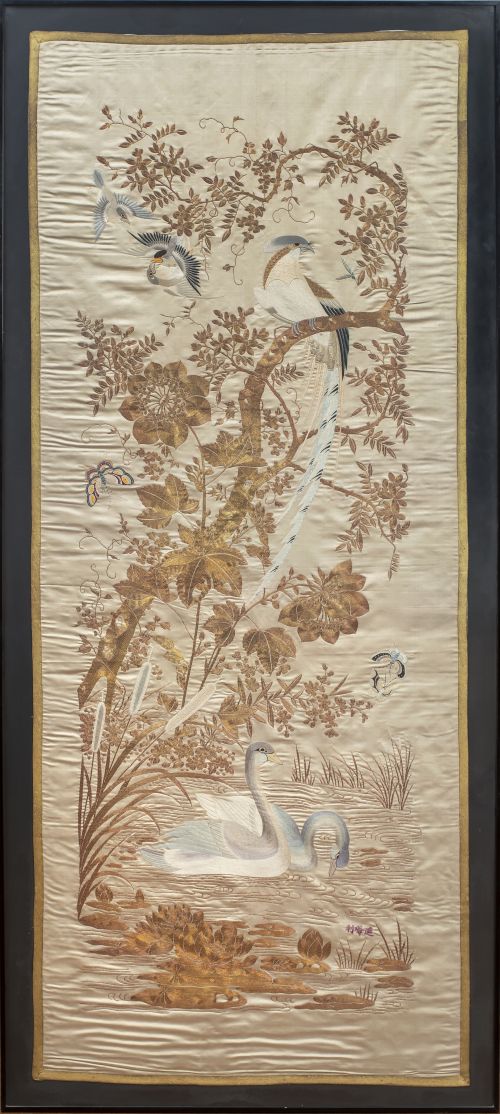 Bordado en seda "a pintura" con pájaros, ave del paraiso, u