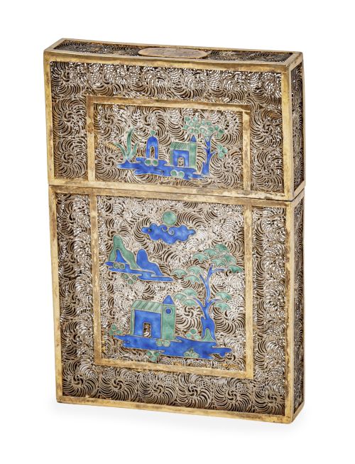 Tarjetero de filigrana de plata dorada con esmalte en azul 