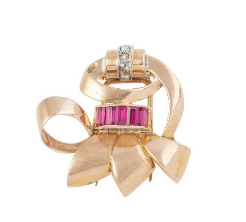 Broche lazo chevalière años 40 con decoración de diamantes 