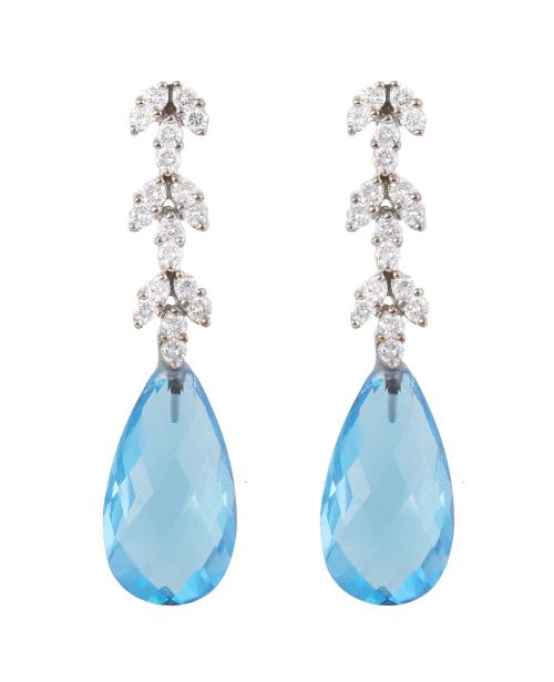 Pendientes largos con gran topacio azul facetado, colgante 