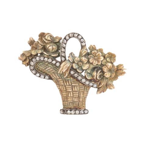 Broche portugués pp. S. XX con diseño de cesta con flores d