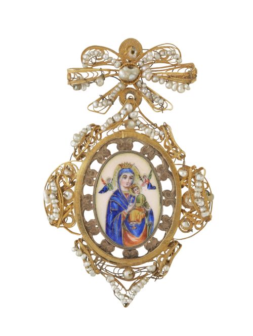 Colgante en oro c. 1800 con esmalte de la Virgen con el Niñ