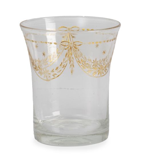 Vaso de vidrio transparente con decoración en dorado de gui
