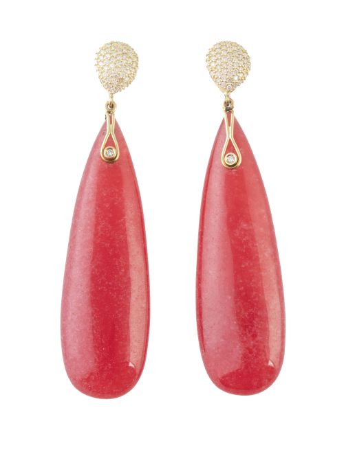 Pendientes largos con gran gota de piedra rosa que pende de