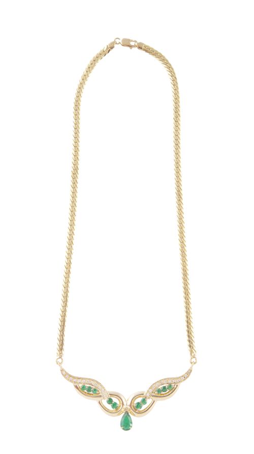 Collar de brillantes y esmeraldas, con centro en diseño de 