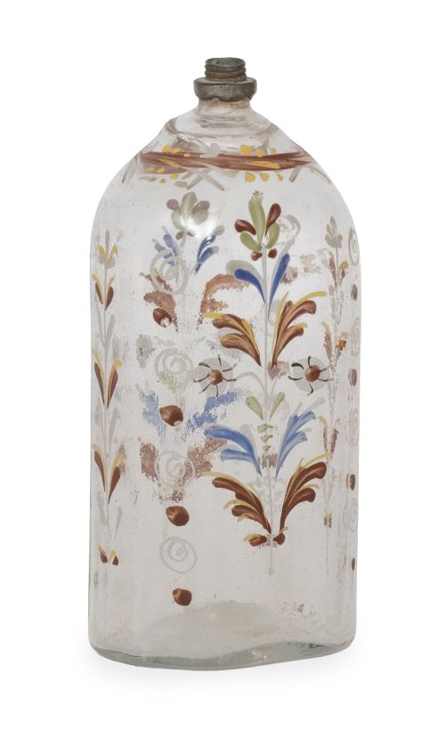 Garrafa de vidrio transparente con flores pìntadas.Bohemi