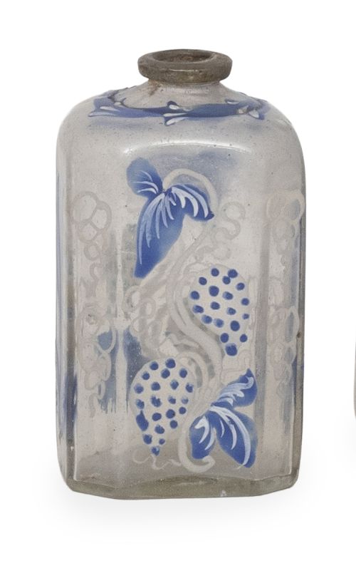 Garrafa de vidrio transparente con decoración pintada en az