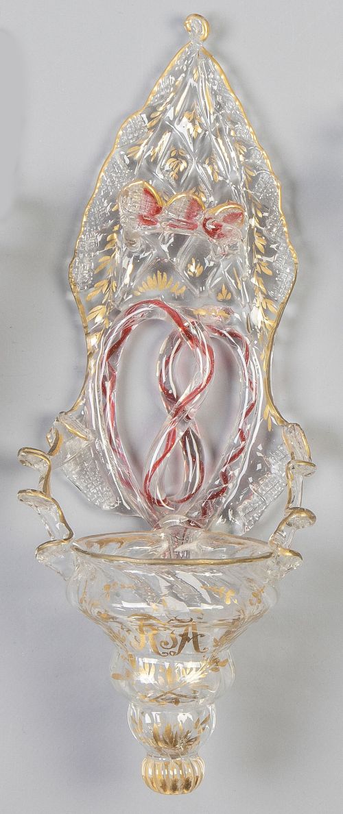 Benditera de vidrio transparente con decoración de hilos ro