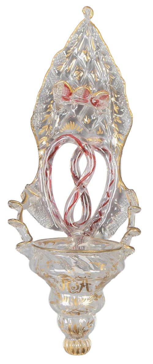 Benditera de vidrio transparente con decoración de hilos ro