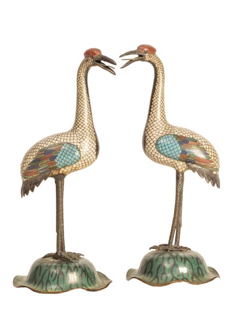 Pareja de garzas con esmalte cloisonné.China, dinastía Qi