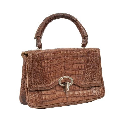 Bolso vintage de piel cocodrilo color tabaco, con un asa