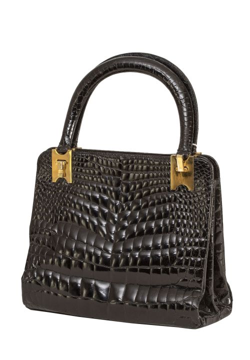 Bolso vintage en piel de cocodrilo color negro, con dos asa