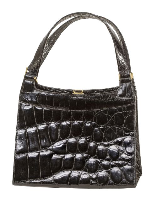 Bolso vintage en piel de cocodrilo color negro, con dos asas