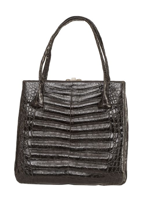 Bolso vintage en piel de cocodrilo color negro, con dos asas