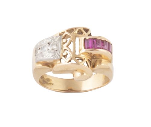 Sortija chevalière de rubíes sintéticos y diamantes con dis