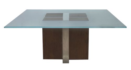 Mesa de cristal transparente y cromado, con base de madera 