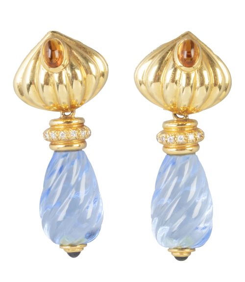 Pendientes largos con perilla de piedra azul gallonada, col