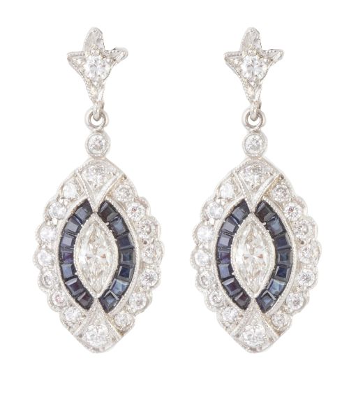 Pendientes largos Art-Decó largos de brillantes y zafiros, 