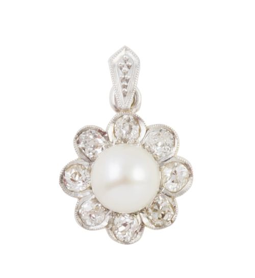 Colgante rosetón de brillantes de talla antigua con perla f