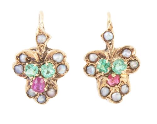 Pendientes S. XIX cón trébol de rubí y pareja de esmeraldas