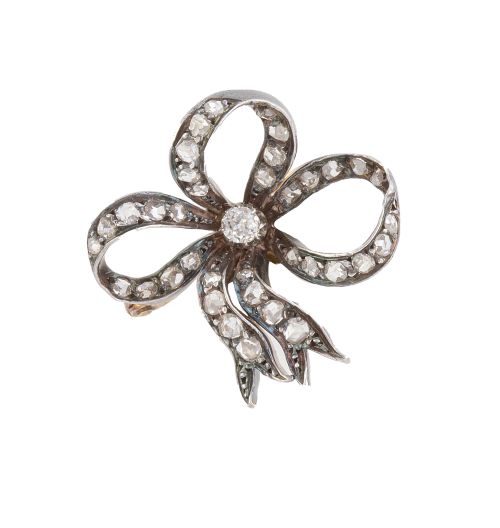 Broche lazo francés c.1850 con cintas de diamantes y brilla