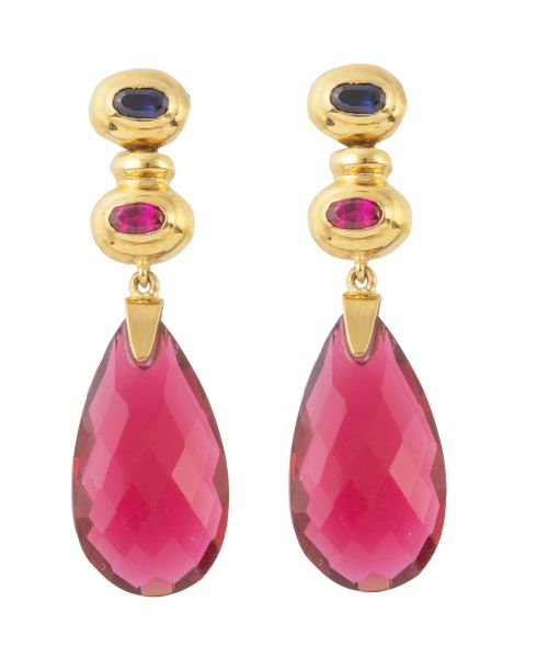 Pendientes largos de zafiros y rubí sintéticos en marcos ga