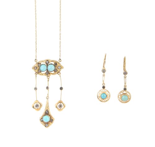 Conjunto de pendentif y pendientes de pp. S.XX con cabuchon