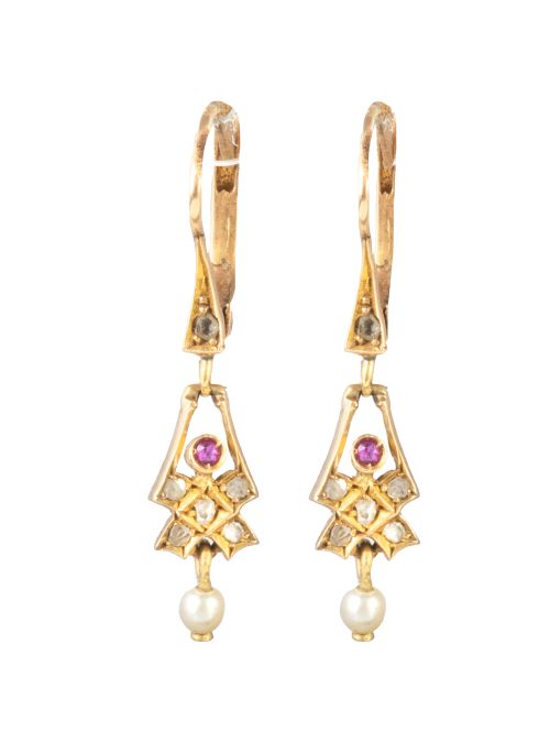 Pendientes S. XIX con aspa de diamantes de la que penden pe