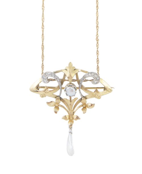 Broche-colgante Art Nouveau de formas vegetales con perlas 