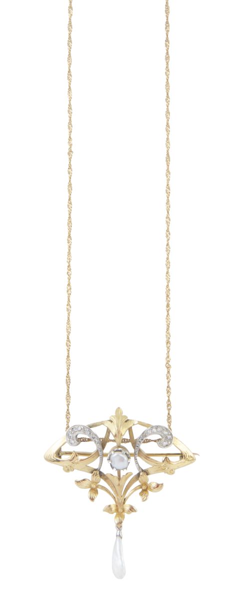 Broche-colgante Art Nouveau de formas vegetales con perlas 