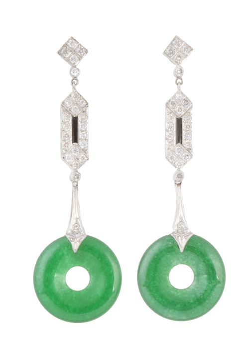 Pendientes largos con disco de jade verde, que pende de ban