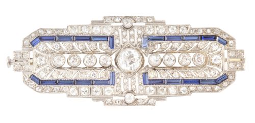 Broche placa de diamantes y zafiros Art-Decó, con diseño ge