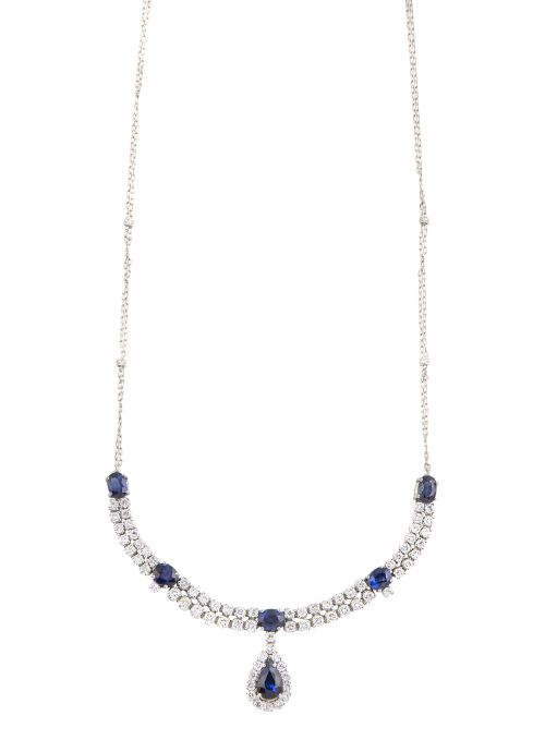 Collar de brillantes y zafiros, con gota colgante de zafiro