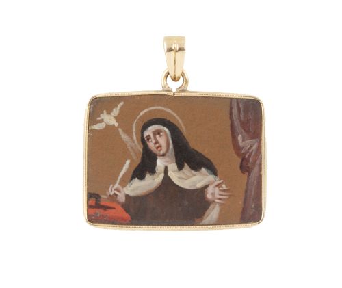 Colgante con miniatura de Santa Teresa pintada sobre cartón
