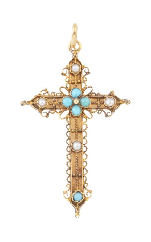 Cruz colgante S. XIX decorada con perlitas, turquesas y fil