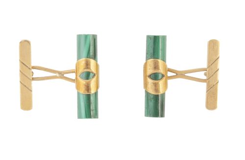 Gemelos con cilindro de malaquita rodeado por banda calada 