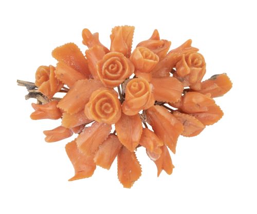 Broche floral victoriano S. XIX en coral de Sciacca con cen