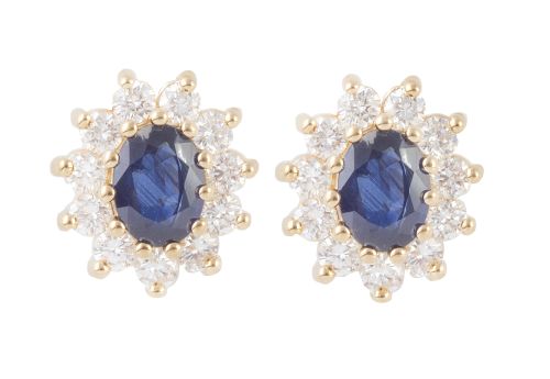Pendientes con zafiro oval orlado de brillantes