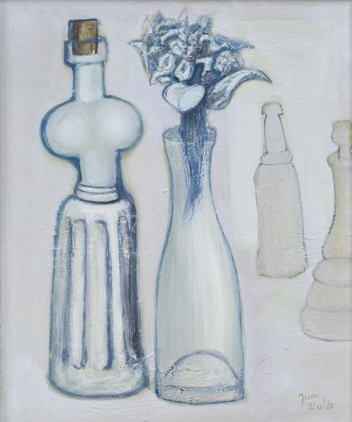 JUAN ALCALDE (Madrid, 1918 - 2020)Bodegón de botella y ja