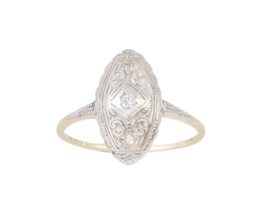 Sortija lanzadera Art-Decó con brillante central en marco o