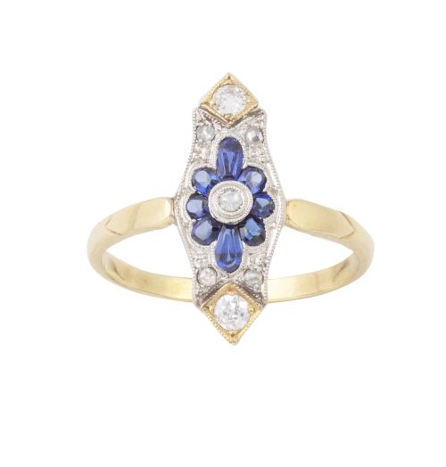 Sortija lanzadera Art-Decó de diamantes y brillantes de tal