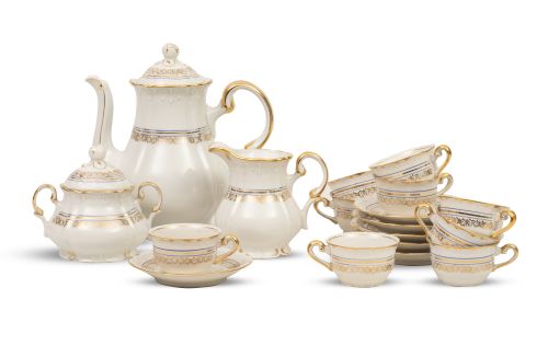 Juego de café de porcelana esmaltada y dorada con rayas azu